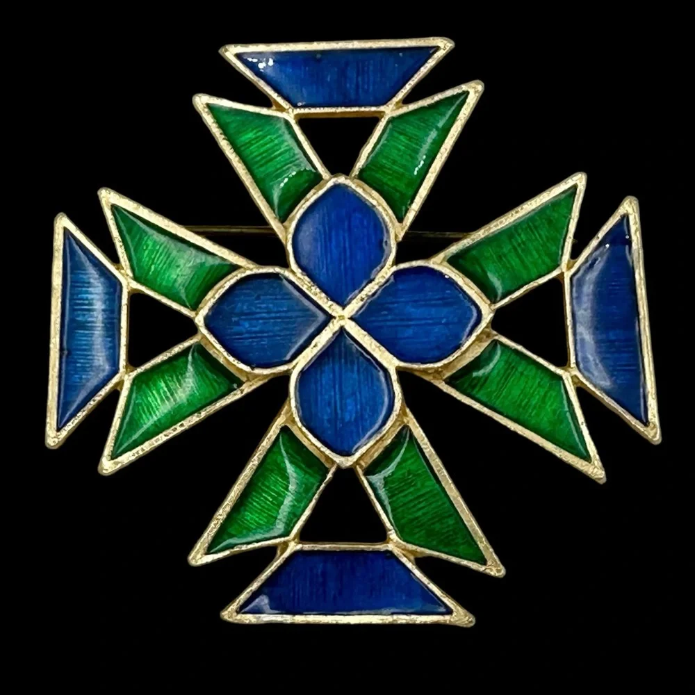 Vintage FLORENZA Green & Blue Enamel Maltese Greek Cross Pin Brooch